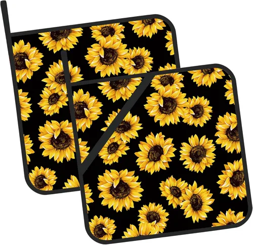 Juego de 2 soportes para ollas florales de girasol, resistentes al calor, para microondas, hornear, horno, platos finales y barbacoa Girasol floral