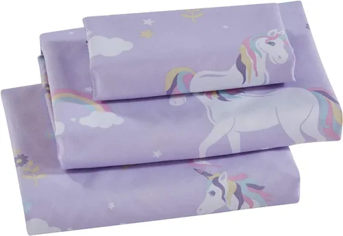 Linen Plus Juego de sábanas para niños/adolescentes, unicornio, pájaro, estrella, flor, nube, lila, morado, rosa, amarillo, blanco, nuevo # lila