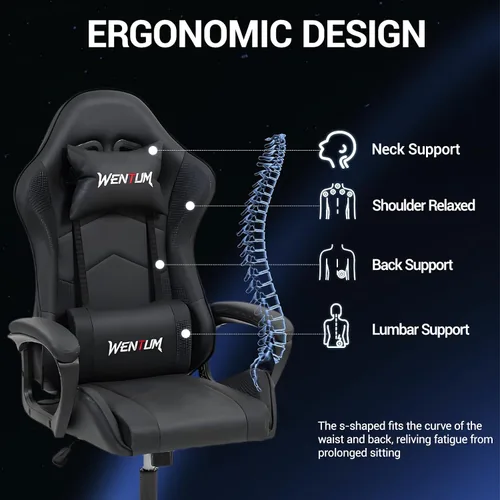 Miniatura 4 de Silla de masaje para juegos, silla ergonómica de escritorio para PC con reposacabezas y soporte lumbar de masaje, silla de videojuegos con respaldo