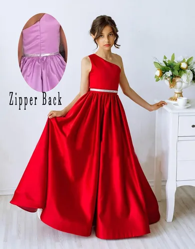 Miniatura 2 de Vestidos de satén de un hombro para niñas, vestido de princesa de una línea de flores con banda de abalorios