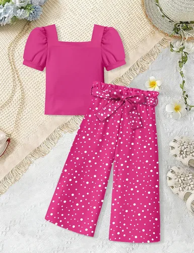 Miniatura 26 de DONWEN Conjunto de 3 piezas de ropa para niñas pequeñas y niñas con cuello cuadrado + pantalones elegantes + diadema para primavera y verano