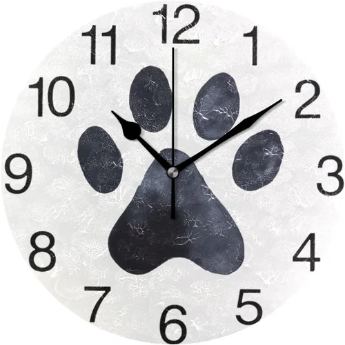 senya Reloj de pared redondo con diseño de pata de perro negro, pintura al óleo silenciosa sin tictac, decorativo para el hogar, oficina, escuela,