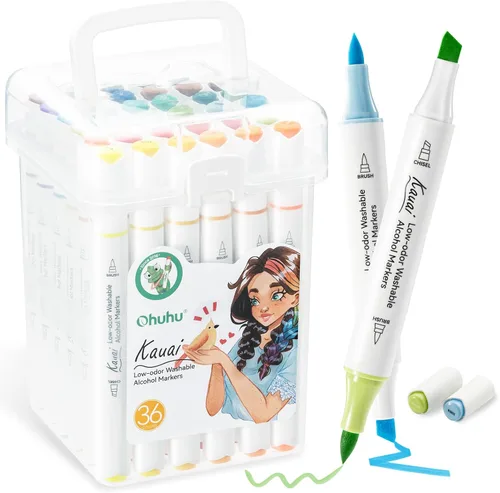 Ohuhu Marcadores de alcohol lavables de bajo olor: puntas duales de brocha y cincel, 36 colores lavables, marcadores de arte de bajo olor para