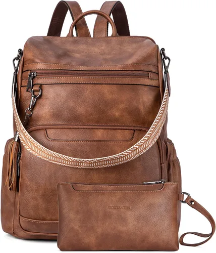 Miniatura 9 de Mochila de cuero PU para portátil BOSTANTEN para mujer, mochila de viaje de diseñador con compartimento para portátil, bolsos de hombro