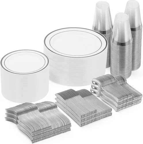 Miniatura 15 de Goodluck 600 Piezas Platos Desechables Plateados para 100 Invitados, Juego de Vajilla de Plástico de 100 Platos de Cena, 100 Platos de Ensalada, 100