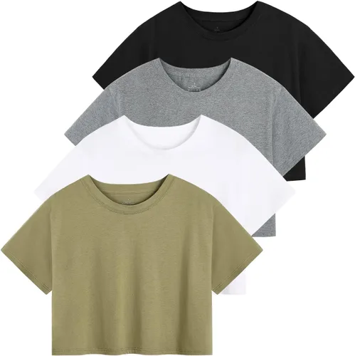 Cosy Pyro Paquete de 4 camisetas cortas de algodón para mujer, de manga corta, color liso, recortadas, atléticas, cuello redondo, casual, para