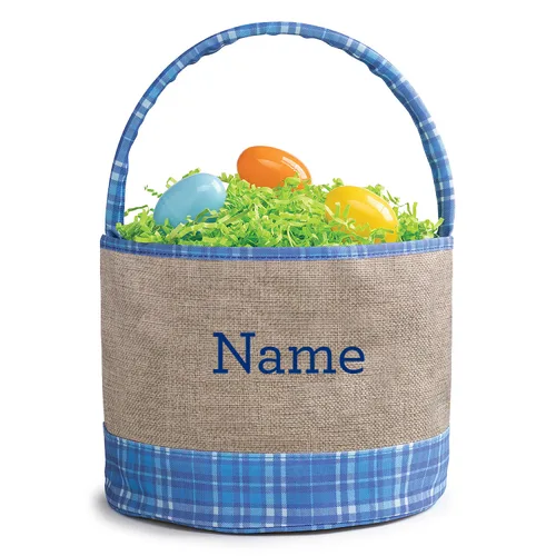 Miniatura 3 de Bolsa de cubo de Pascua personalizada con nombre personalizado Bolsa de Pascua de arpillera a cuadros azules con asa Cesta de huevos para niños