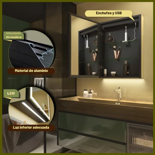 Miniatura 5 de GANPE Gabinete de espejo de medicina para baño con luz LED con enchufes y USBs, luz regulable antivaho y ajuste de color, gabinete de aluminio fácil