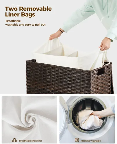 Miniatura 103 de GREENSTELL Cesta para ropa sucia con ruedas y tapa, 130 L, cesta grande de 3 secciones con 2 tipos de bolsas de forro extraíbles, 5 bolsas de malla