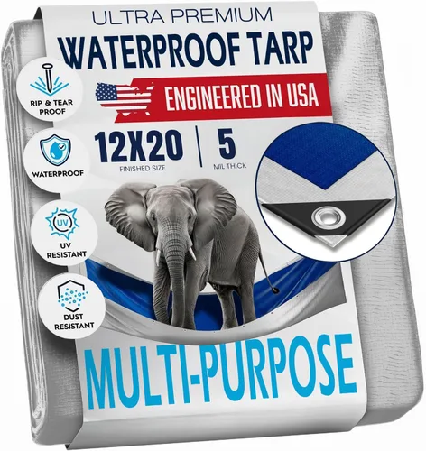 Lona de plástico impermeable de 12 x 20 pies con ojales cada 18 pulgadas – 5 mil – Cubierta multiusos impermeable para lluvia, exteriores, jardín,