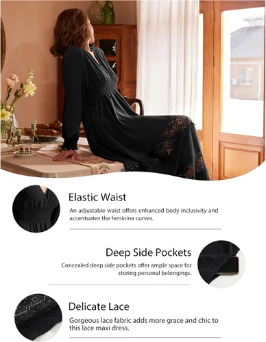 Miniatura 26 de Vestido largo de encaje para mujer de manga corta y cuello en V, vestido de fiesta estilo bohemio con cintura fruncida, vestido bohemio para mujer