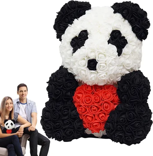 Miniatura 3 de Oso de flores para San Valentín, oso panda de flores artificiales con moño/decoración de corazón, muñeca panda hecha a mano para el día de San