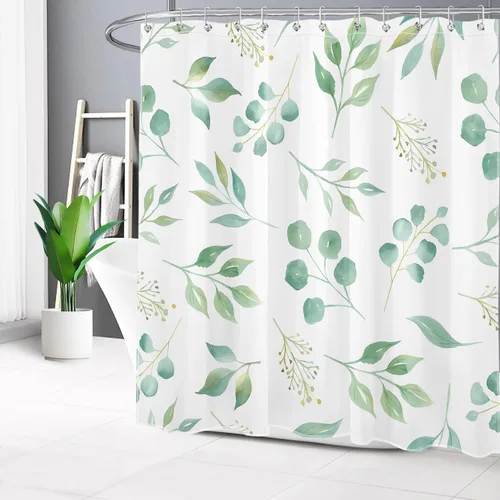 Miniatura 20 de EOBTAIN Cortina de ducha de hojas de eucalipto verde para baño, cortina de ducha con hojas de plantas naturales en beige con 10 ganchos, juego