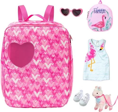 Miniatura 2 de Ecore Fun Bolsa de transporte para muñecas de 18 pulgadas con ropa y accesorios, incluyendo vestido, zapatos de tela blanca, mochila para muñecas