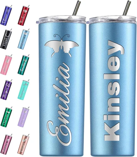 Miniatura 14 de Vaso personalizado personalizado con nombre grabado y logotipo, vasos delgados personalizados con tapa y pajita, vaso aislado de acero inoxidable