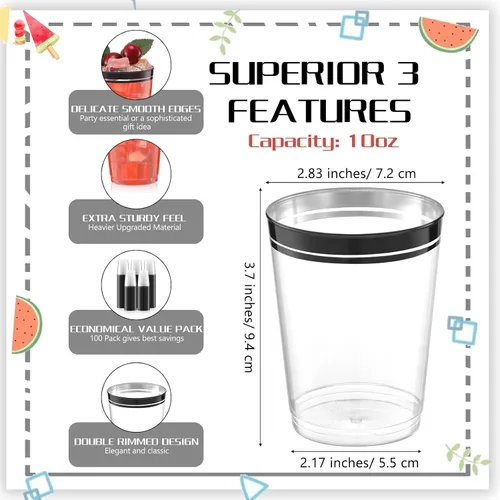 Miniatura 2 de Zubebe 100 vasos de plástico negro de 10 onzas para fiestas, vasos desechables de champán transparente, vasos de doble borde para Navidad