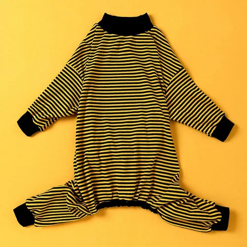 Miniatura 7 de LovinPet - Pijama y camiseta de algodón puro para perros gigantes, diseño a rayas de color amarillo y negro, de 4 patas, protección que cubre todo
