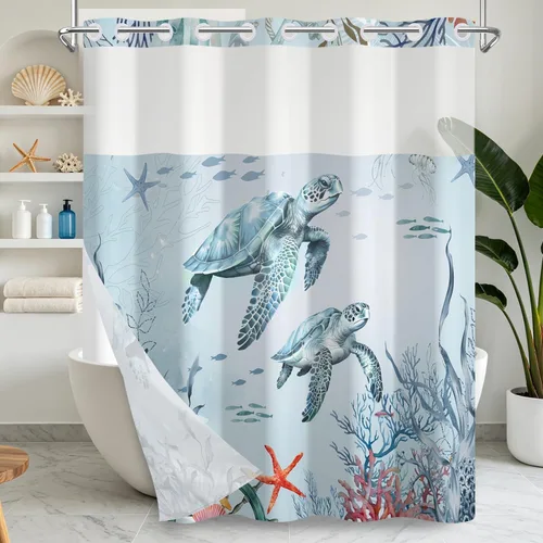 Miniatura 21 de No Hook Geometric Shower Curtain with Snap in Liner - 71″W x 74″L Waterproof Fabric with Mesh Top Window, Modern Abstract Triangle Design Bath