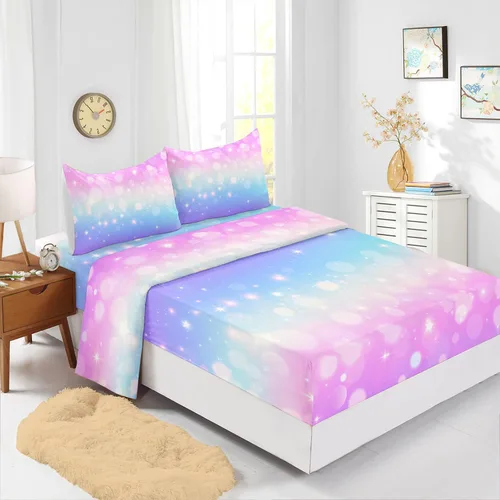 Juego de sábanas tamaño individual de 4 piezas con diseño de estrellas de arcoíris, degradado, con purpurina y lunares, para niños, niñas,