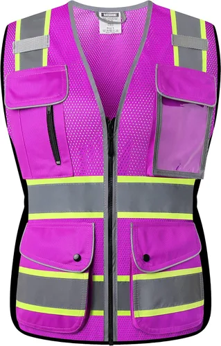 Miniatura 9 de Chaleco de seguridad reflectante para mujer, chaleco de malla de alta visibilidad con 8 bolsillos y cremallera frontal, chaleco de alta visibilidad