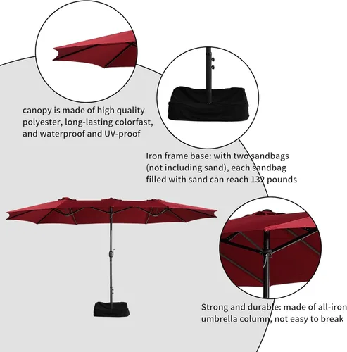 Miniatura 4 de Boyel Living Sombrilla de patio de 15 pies con base incluida, sombrilla de doble cara para exteriores, sombrilla extragrande para patio Rojo