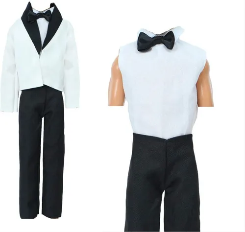 Miniatura 3 de 2 juegos de trajes formales de oficina que incluyen abrigo negro, abrigo blanco, camisa blanca con nudo de lazo, pantalones negros para novio