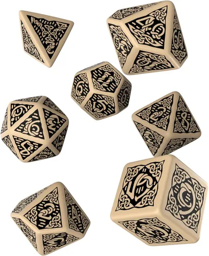 Set de 7 dados poliédricos Q-Workshop: motivos celta, 3D, en colores beige y negro