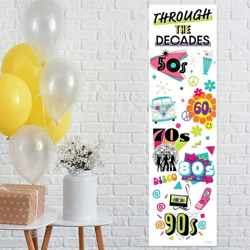 Big Dot of Happiness A través de las décadas – Decoración de puerta delantera de fiesta de los años 50, 60, 70, 80 y 90, pancarta vertical