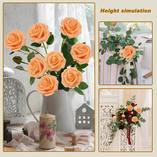 Miniatura 4 de Flores artificiales naranjas realistas, 50 rosas falsas de aspecto real con tallo para ramos de boda, centros de mesa, despedidas de soltera