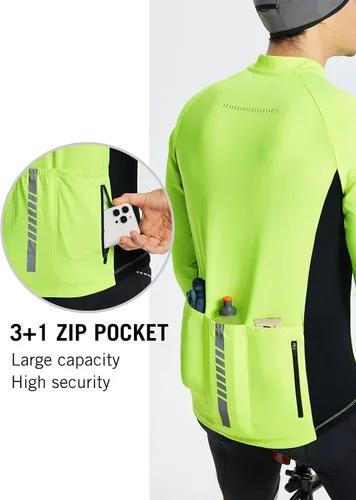 Miniatura 4 de BALEAF Camiseta de ciclismo de manga larga para hombre, para ciclismo de carretera, para bicicleta de montaña, bolsillos con cremallera completa