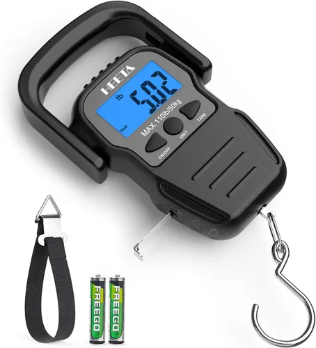 HEETA Báscula de peso de pescado con pantalla LCD retroiluminada, hasta 110 libras/50 kg, báscula digital portátil para colgar peces con gancho y