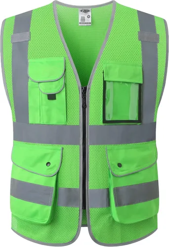 Miniatura 55 de JKSafety Chaleco de seguridad frontal con cremallera de alta visibilidad de 9 bolsillos de color dual MESH Lite Tira reflectante con ribete