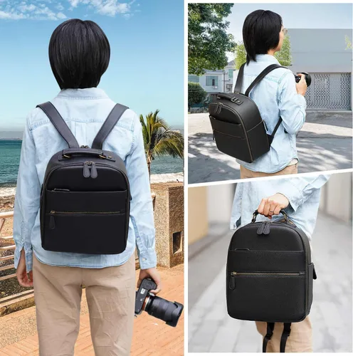Miniatura 7 de Mochila para cámara pequeña, piel sintética clásica con compartimento para tableta de 11 pulgadas, bolsa de cámara profesional para fotógrafos
