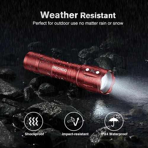 Miniatura 4 de RECHOO Paquete de 2 linternas LED rojas, linternas tácticas de alto lúmenes con 3 modos, linterna pequeña de bolsillo, linternas impermeables