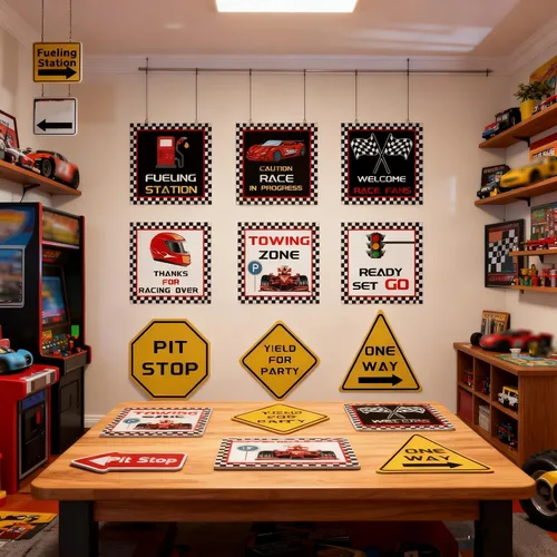 Miniatura 4 de Decoraciones de fiesta de cumpleaños de coche de carreras, banderas temáticas de auto de carreras, 9 carteles de fiesta de carreras para fiesta