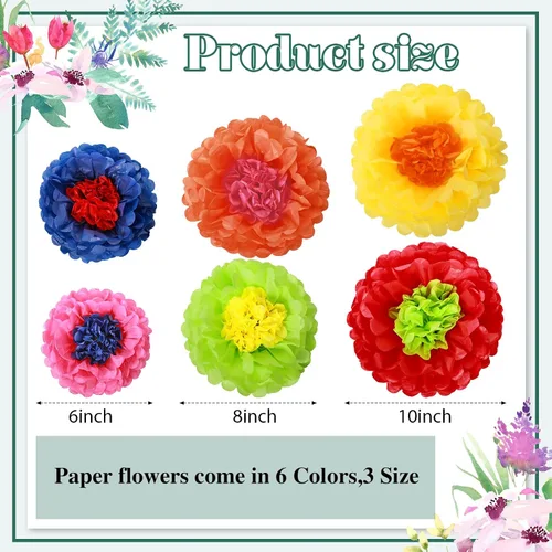 Miniatura 2 de Tallew 18 piezas de papel mexicano flores de papel de seda coloridas para fiesta mexicana primavera floral telón de fondo de fiesta de baby shower