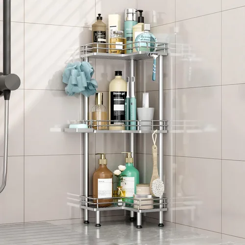 Miniatura 8 de HapiRm Organizador de ducha esquinero de pie, organizador de ducha de 2 niveles con soporte para jabón, organizador de pie de baño a prueba de óxido