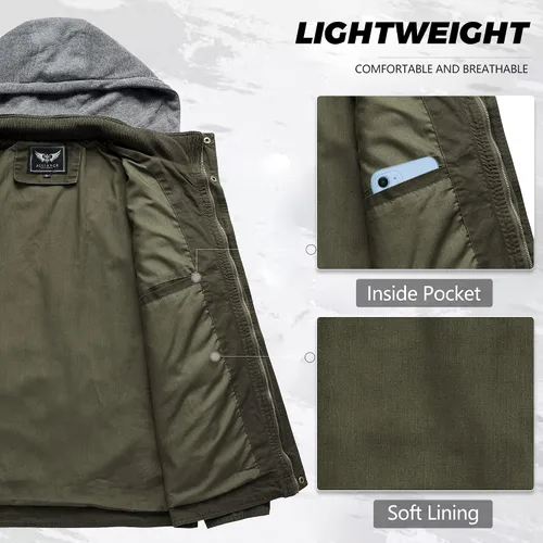 Miniatura 4 de Chaqueta militar para hombre, casual, de algodón, ligera, rompevientos con capucha extraíble