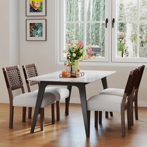 Miniatura 9 de Juego de 2 sillas de comedor de granja, sillas de comedor tapizadas con respaldo tejido a mano, asiento acolchado suave y patas de madera Beige