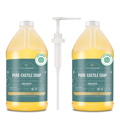 WHOLENATURALS Jabón líquido de Castilla puro, certificado EWG y sin aceite de palma, sin aroma, natural, suave y delicado, sin OMG y vegano - Lavado