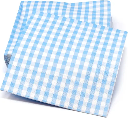 Miniatura 4 de Gift Boutique Paquete de 100 servilletas de cóctel a cuadros azules desechables de 3 capas para picnic, baby shower, barbacoa, bufé, mesa de fiesta