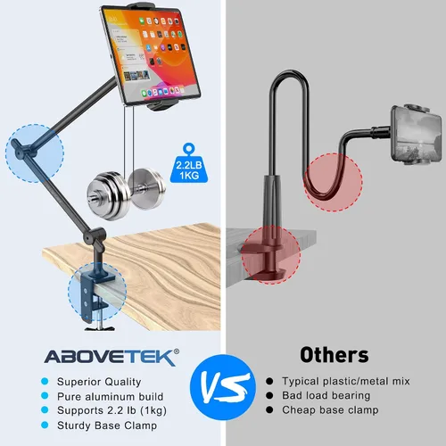 Miniatura 7 de AboveTEK Soporte para Tablet para Escritorio y Cama, Brazo de Aluminio para iPad con Abrazadera Giratoria de 360°, Soporte para Teléfono Ajustable