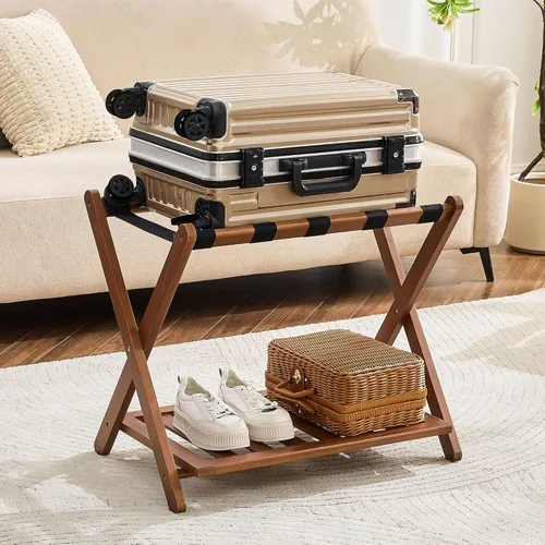 Miniatura 18 de oakvivo Portaequipajes negro totalmente montado para habitación de invitados, soporte plegable de bambú para maleta con 5 correas de nailon, soporte