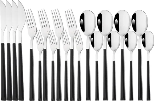 20 piezas (4 juegos) de acero inoxidable plateado con mango negro, cubiertos de boda y uso diario, cubiertos para el hogar, restaurante, fiesta,