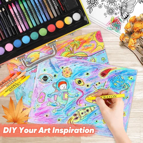 Miniatura 7 de Soucolor - Juego de pintura y dibujo, 183 piezas, kit de arte para colorear, estuche de regalo: crayones, pasteles al óleo, acuarelas en pastilla