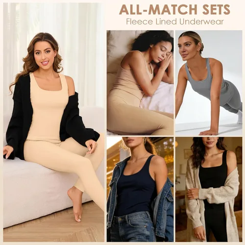 Miniatura 5 de Conjuntos de ropa interior térmica para mujer, pantalones largos de forro polar, capa base térmica, para clima frío, conjunto de camiseta e inferior
