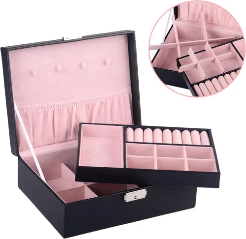 Miniatura 2 de Kendal 2 bandejas de cuero negro viaje joyero caja organizador de almacenamiento con cerradura LJT004BK