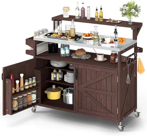 Miniatura 11 de Zevemomo - Carrito de parrilla al aire libre con almacenamiento, mesa de acero inoxidable para isla de cocina al aire libre, gabinete de buffet al