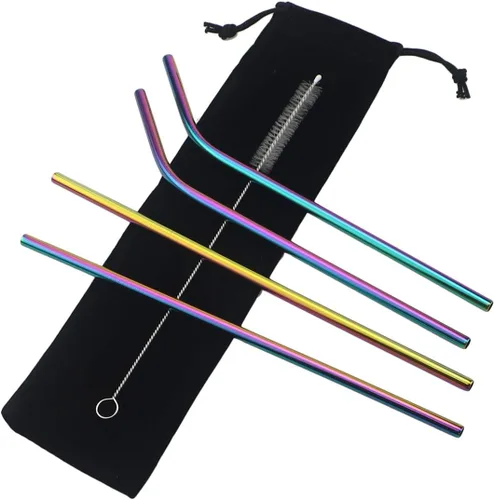 Miniatura 4 de Pajitas de metal de acero inoxidable de 8.5 pulgadas, juego de 4 popotes reutilizables – Cepillo de limpieza de color ultra largo para 20/30 onzas