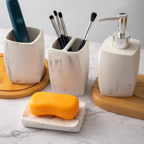 Miniatura 4 de Juego de accesorios de baño, organizador de baño de 4 piezas con vaso de cepillo de dientes, dispensador de jabón, jabonera, vaso, kits de resina